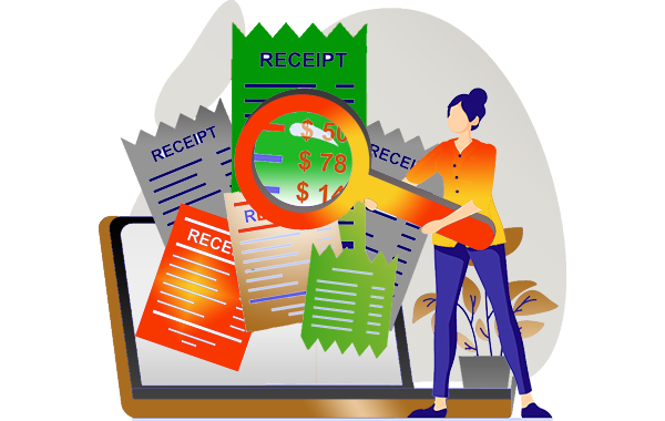 Bookkeeper standing on large open laptop holding large microscope in front of paper receipts flowing into laptop digital format