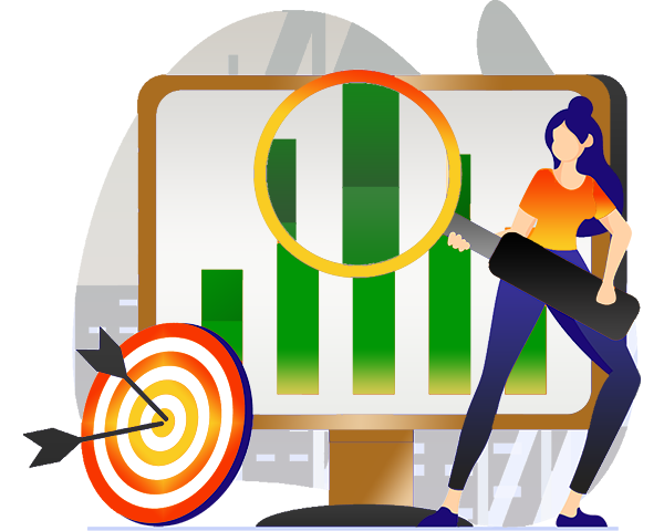 Bookkeeper checking unadjusted trial balance for accuracy, holding large microscope behind dartboard and in front of large monitor with financial graphs
