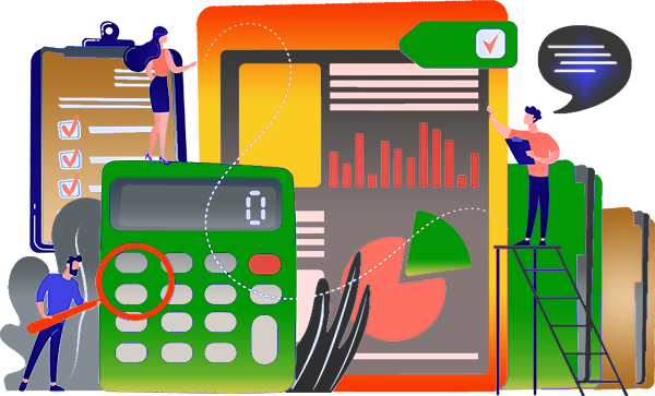 Bookkeepers generating financial statements standing in front and on calculator, ladder and accounting files