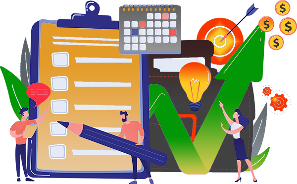 Bookkeepers standing in front of large journal entry book with pencil and briefcase of documents for filing