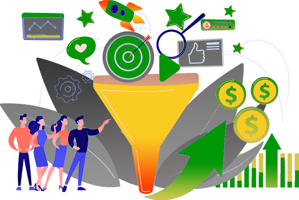 Bookkeeping team closing entries standing in front of big funnel with all their work files and icons coming to a close by going into funnel