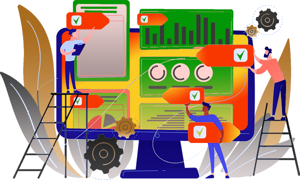 Bookkeepers posting journal entries to general ledger, large monitor and ladders
