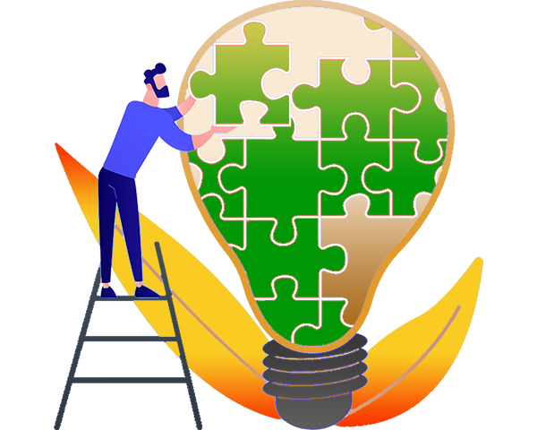 Bookkeeper doing post adjusting entries, standing on ladder placing jigsaw pieces to complete a large light bulb illustrating financial records