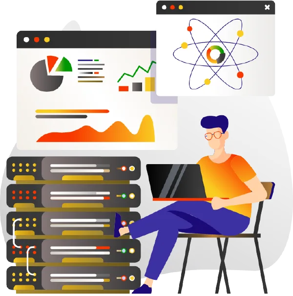 Bookkeeper sitting with computer next to servers looking at automation reports for business owner