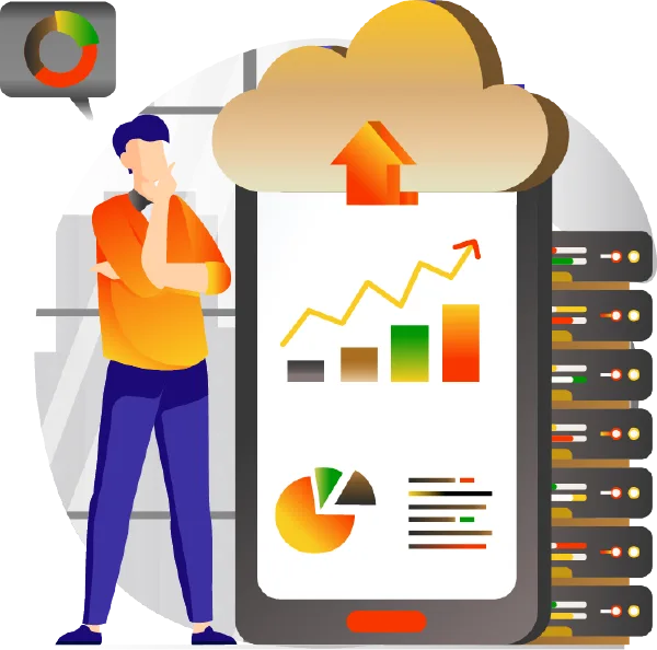 Bookkeeper standing in front of phone connected digitally via cloud to server stack 