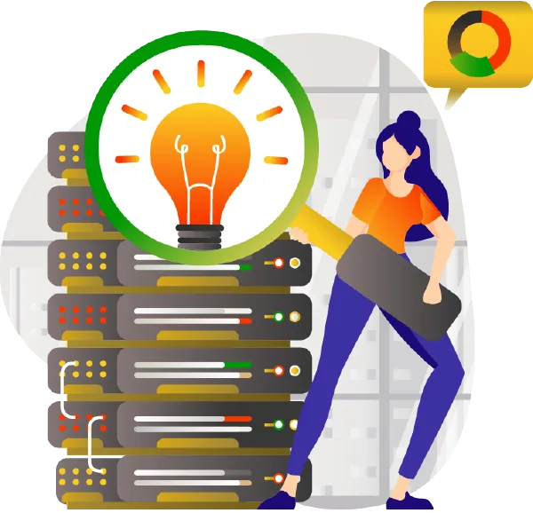 Bookkeeper inspecting automated server stack with large microscope